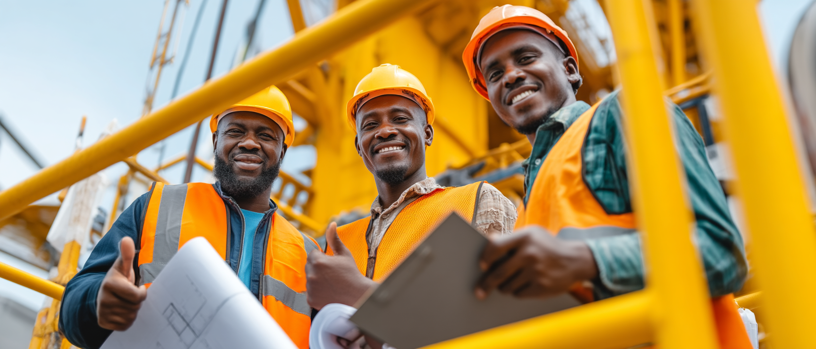 Trois ingénieurs africains souriants en gilet de sécurité sur un chantier industriel, tenant des plans et levant les pouces en signe de satisfaction