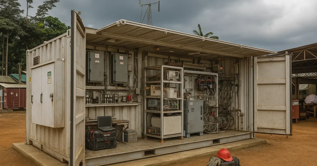 Vue d’un container technique avec systèmes électriques sur un chantier isolé
