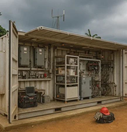 Vue d’un container technique avec systèmes électriques sur un chantier isolé