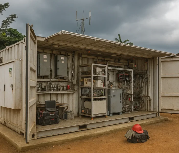 Vue d’un container technique avec systèmes électriques sur un chantier isolé