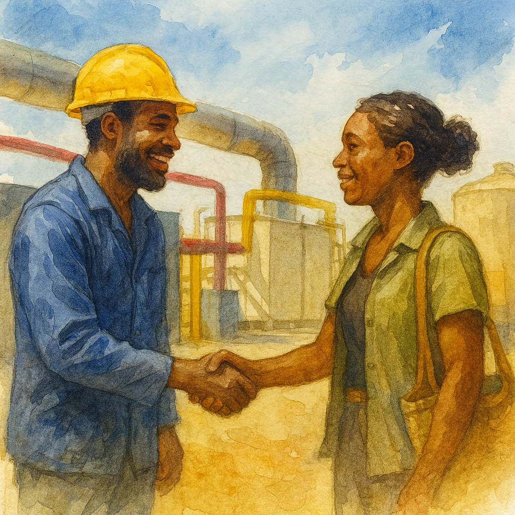 Illustration aquarelle d’un technicien africain serrant la main d’une femme partenaire sur un site industriel, en Afrique