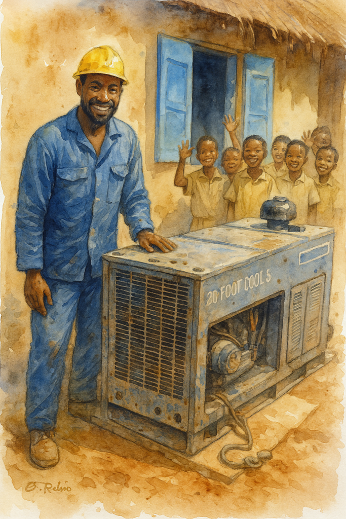 Illustration aquarelle d’un technicien africain devant un générateur, entouré d’enfants souriants en Afrique