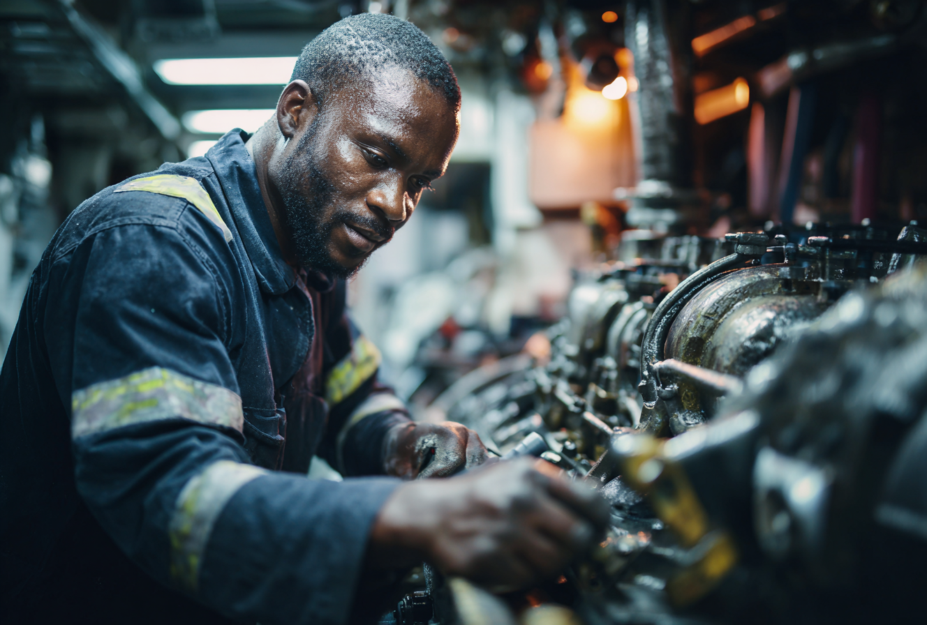 Technicien africain concentré sur l’entretien d’un moteur industriel complexe