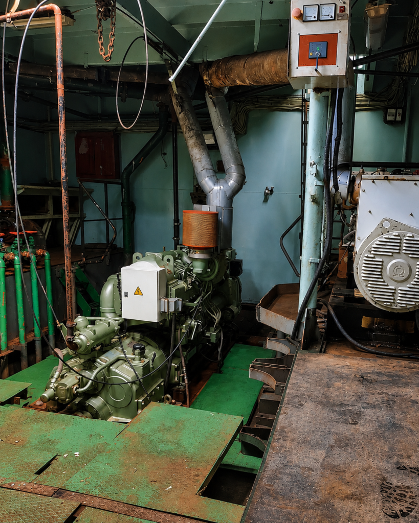 Moteur diesel et alternateur installés dans une salle des machines