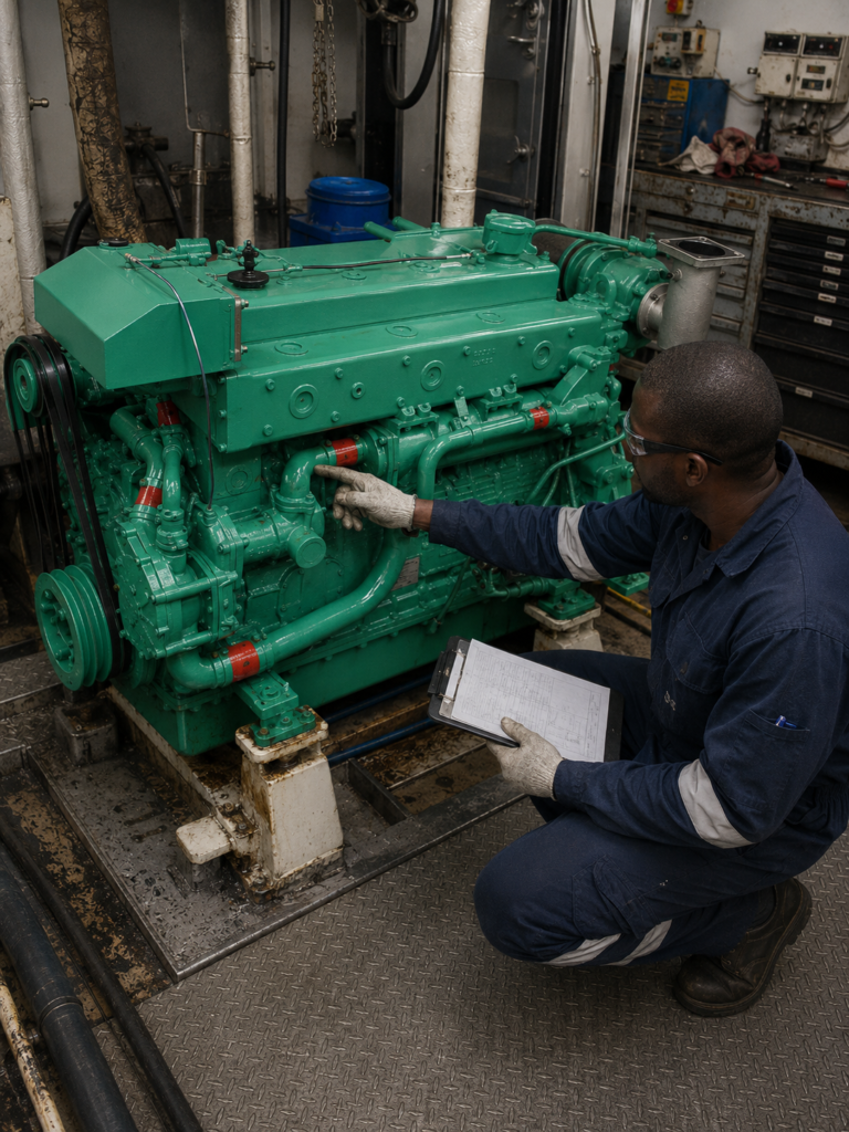 Technicien consultant une documentation technique pendant l’inspection d’un moteur diesel industriel