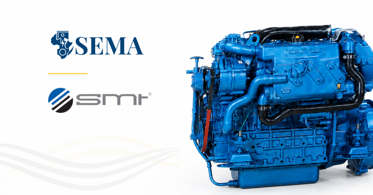 Visuel du partenariat entre SEMA et SMT avec un moteur diesel industriel