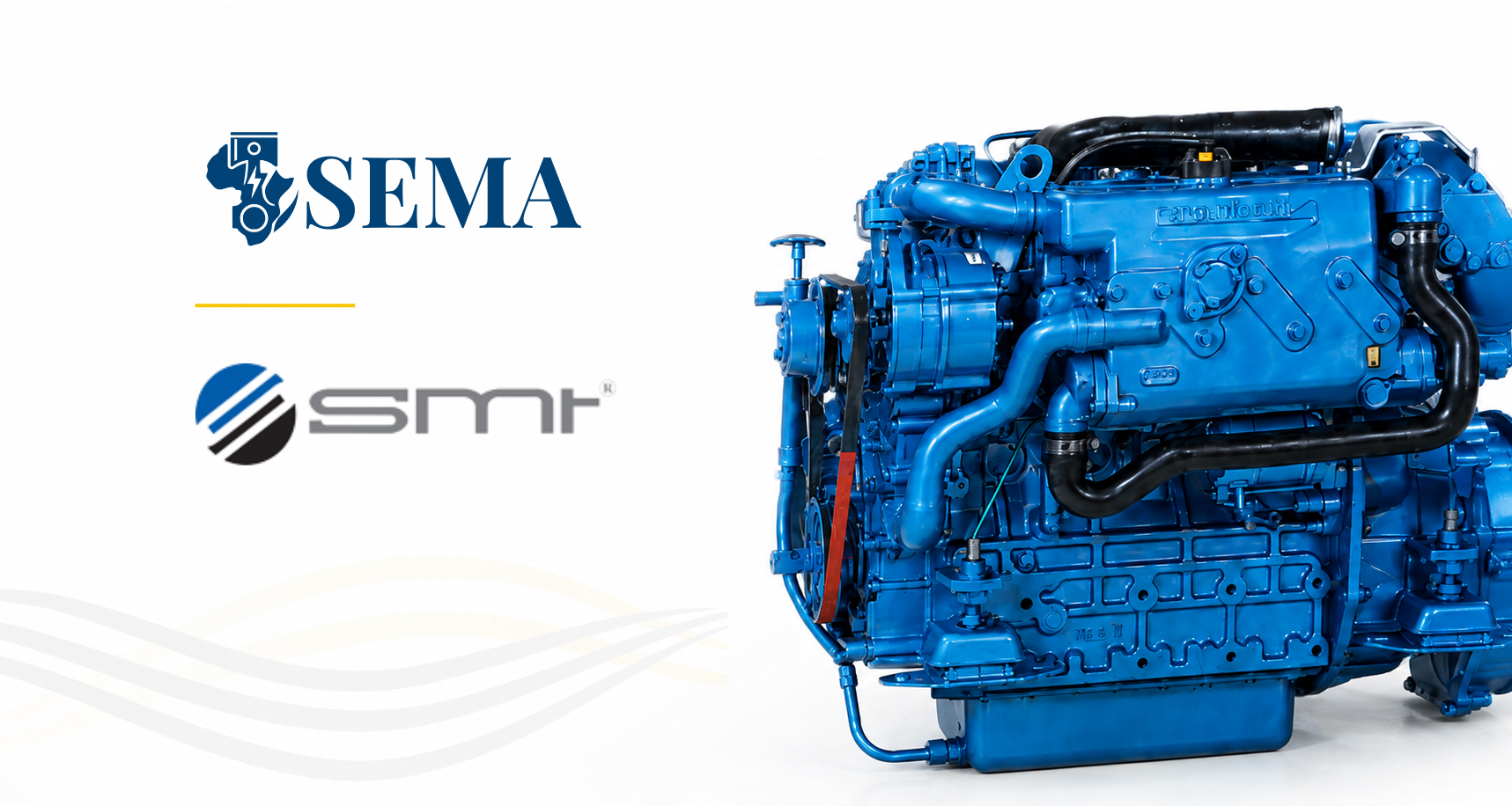 Visuel du partenariat entre SEMA et SMT avec un moteur diesel industriel